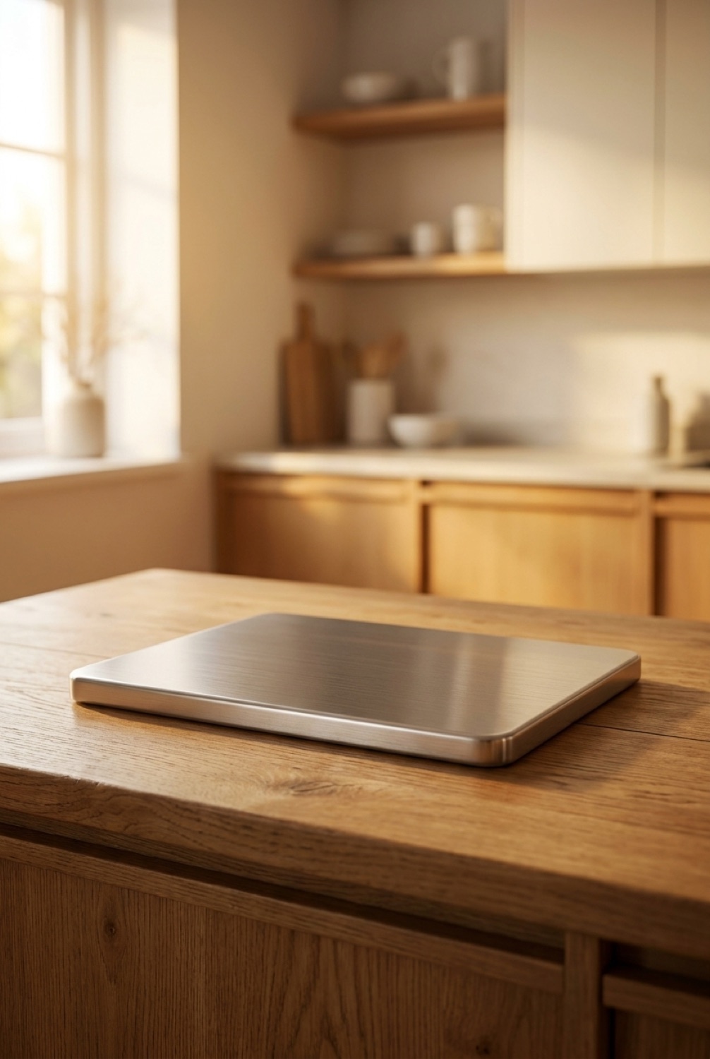 metal cutting board on a warm oak kitchen counter in soft golden-hour light