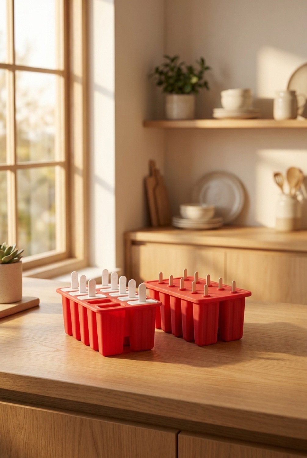 miaowoof popsicle molds on a warm oak kitchen counter in soft golden-hour light