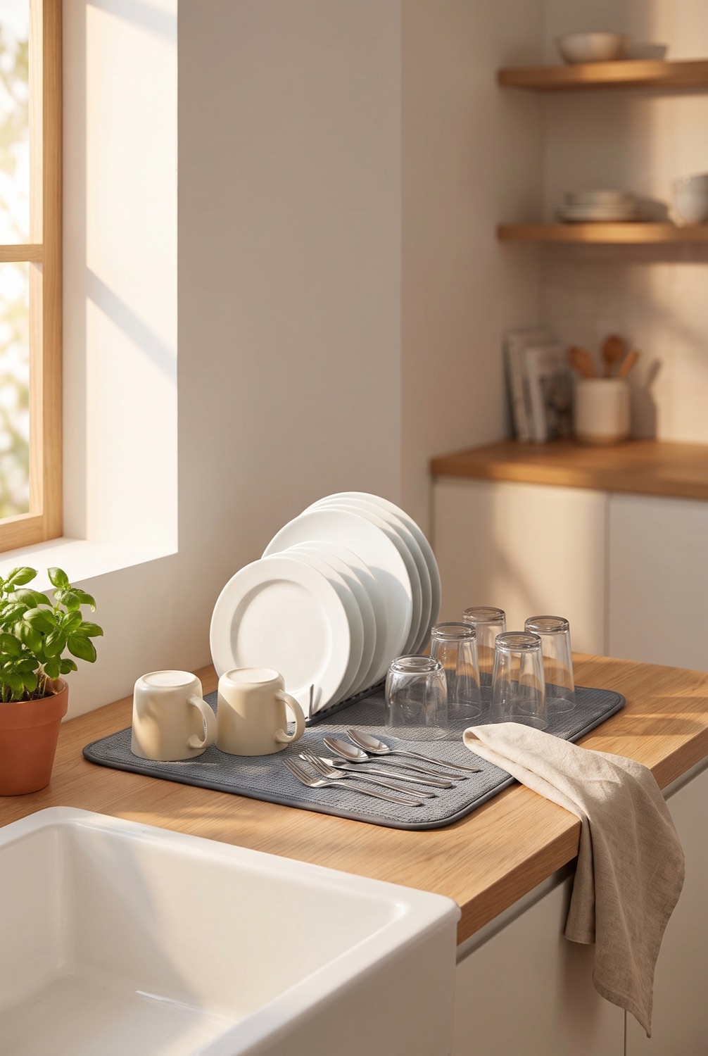 Grey microfiber dish drying mat open on a light oak counter with plates, mugs, glasses and cutlery drying