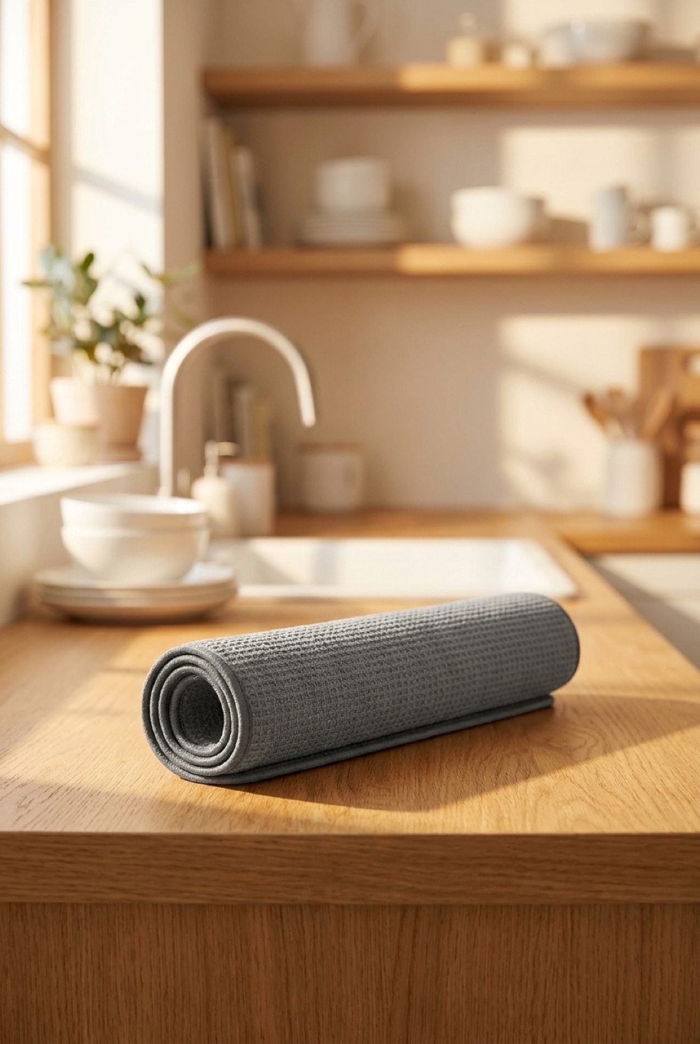 microfiber dish drying mat on a warm oak kitchen counter in soft golden-hour light