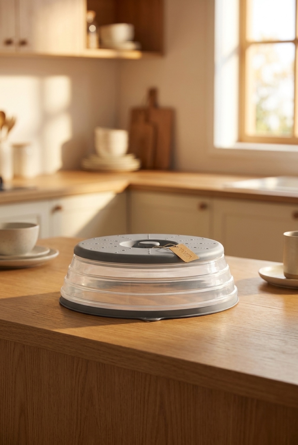 microwave splatter cover on a warm oak kitchen counter in soft golden-hour light