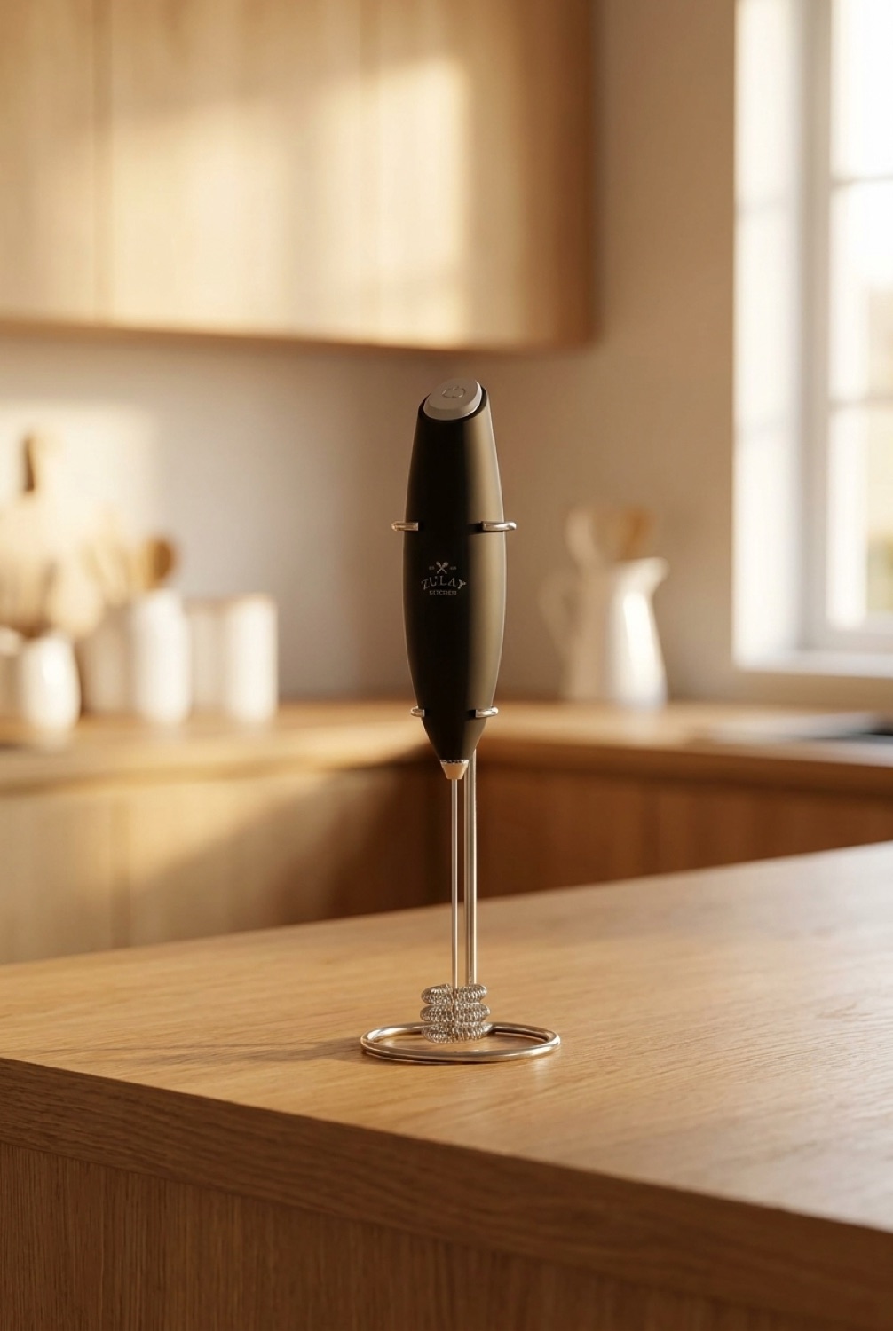 milk frother on a warm oak kitchen counter in soft golden-hour light