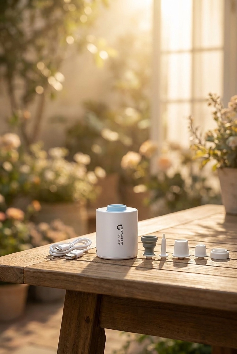 mini air pump on a sunny garden patio in soft golden-hour light