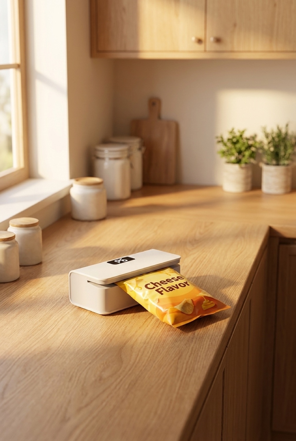 mini bag sealer on a warm oak kitchen counter in soft golden-hour light