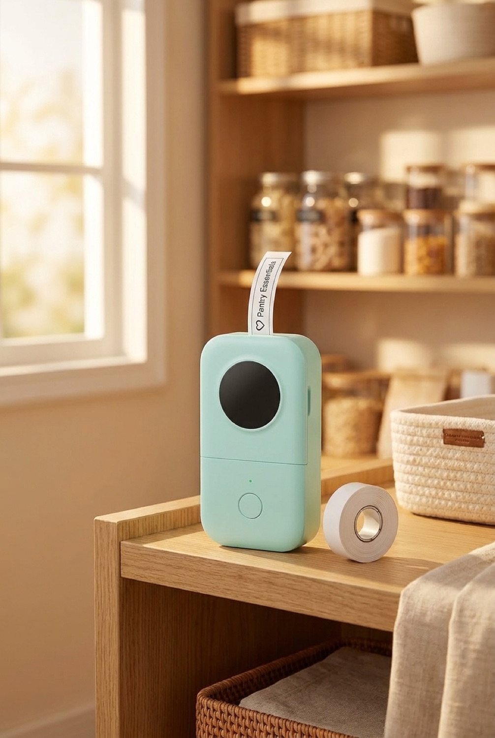 mini label maker neatly arranged in a tidy space in soft golden-hour light