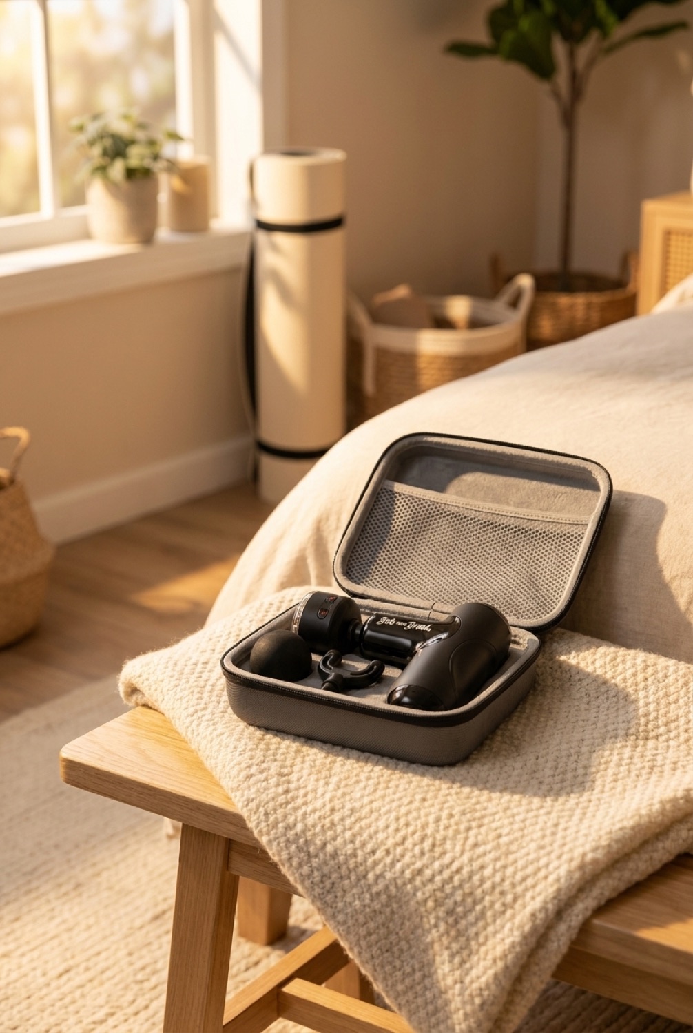 Mini Massage Gun in a restful wellness space in soft golden-hour light