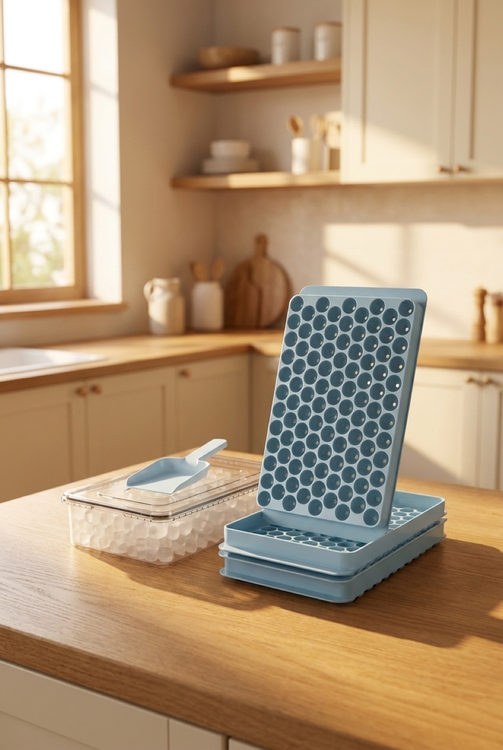 mini pebble ice cube trays on a warm oak kitchen counter in soft golden-hour light