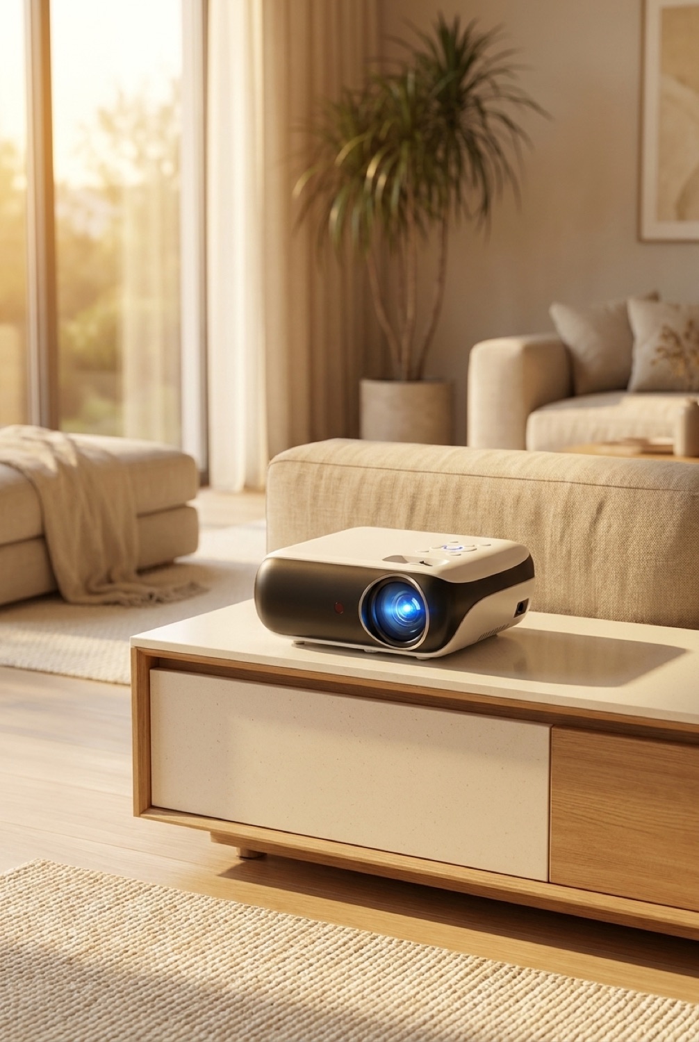 mini projector on a clean modern console in soft golden-hour light