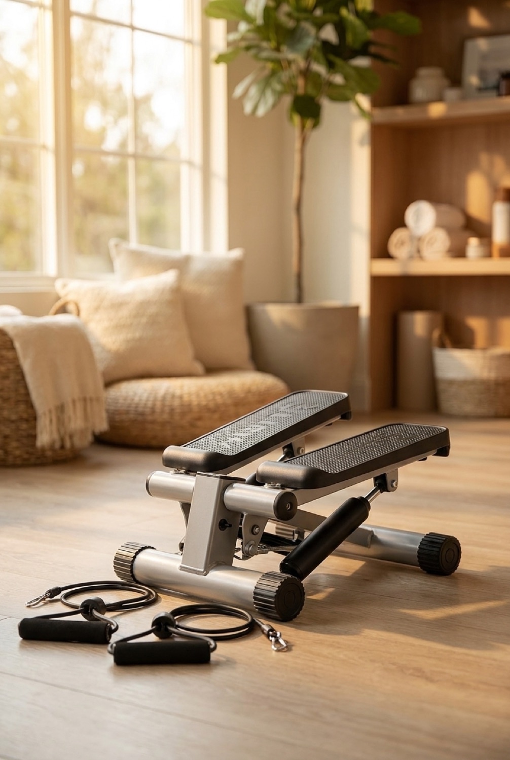 mini stepper in a calm wellness corner in soft golden-hour light
