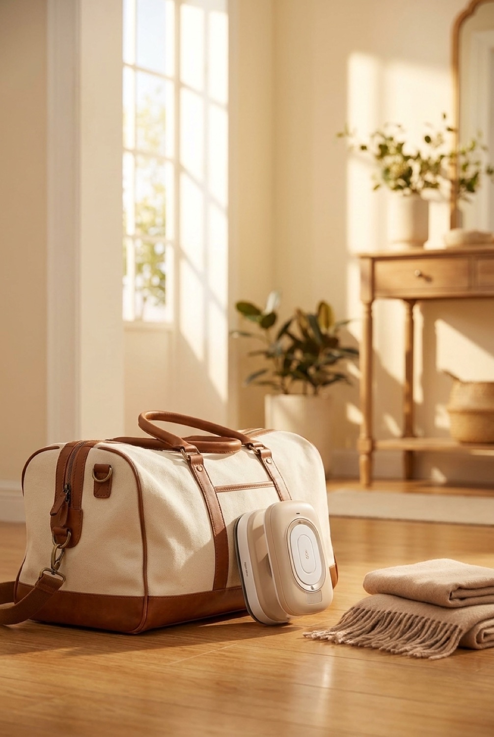 mini travel clothes iron beside a packed bag in a bright entryway in soft golden-hour light