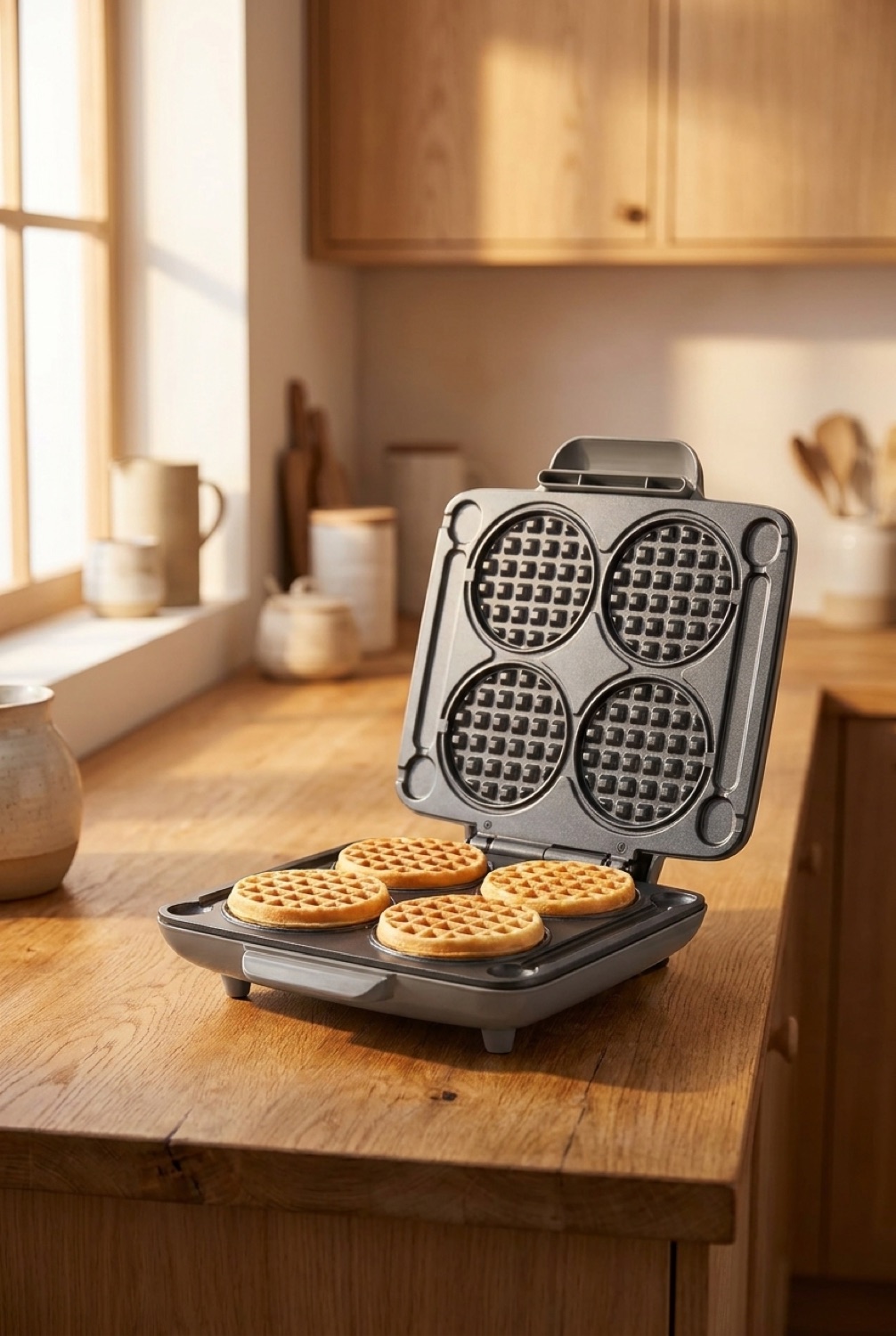 mini waffle maker on a warm oak kitchen counter in soft golden-hour light