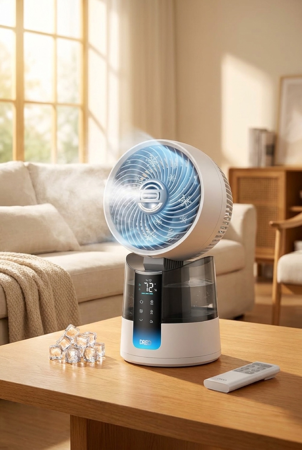 misting fan in a warm cosy living room in soft golden-hour light