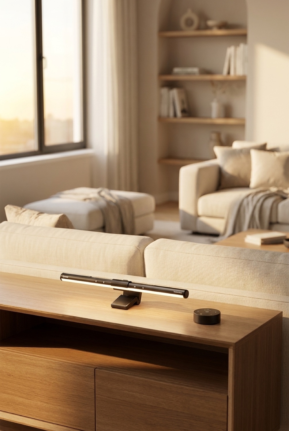 monitor light bar on a clean modern console in soft golden-hour light