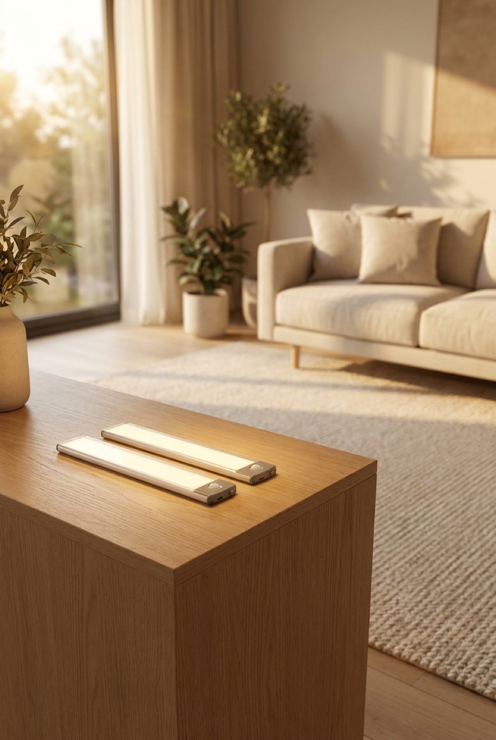 motion-sensor lights on a clean modern console in soft golden-hour light