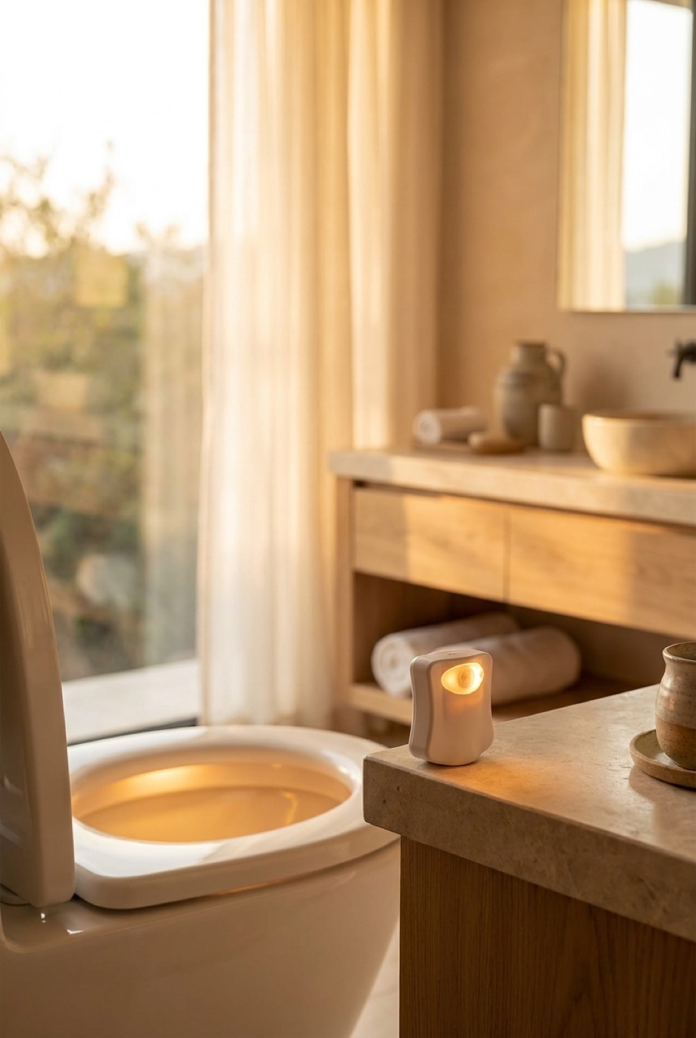 motion-sensor night light in a serene spa-like bathroom in soft golden-hour light