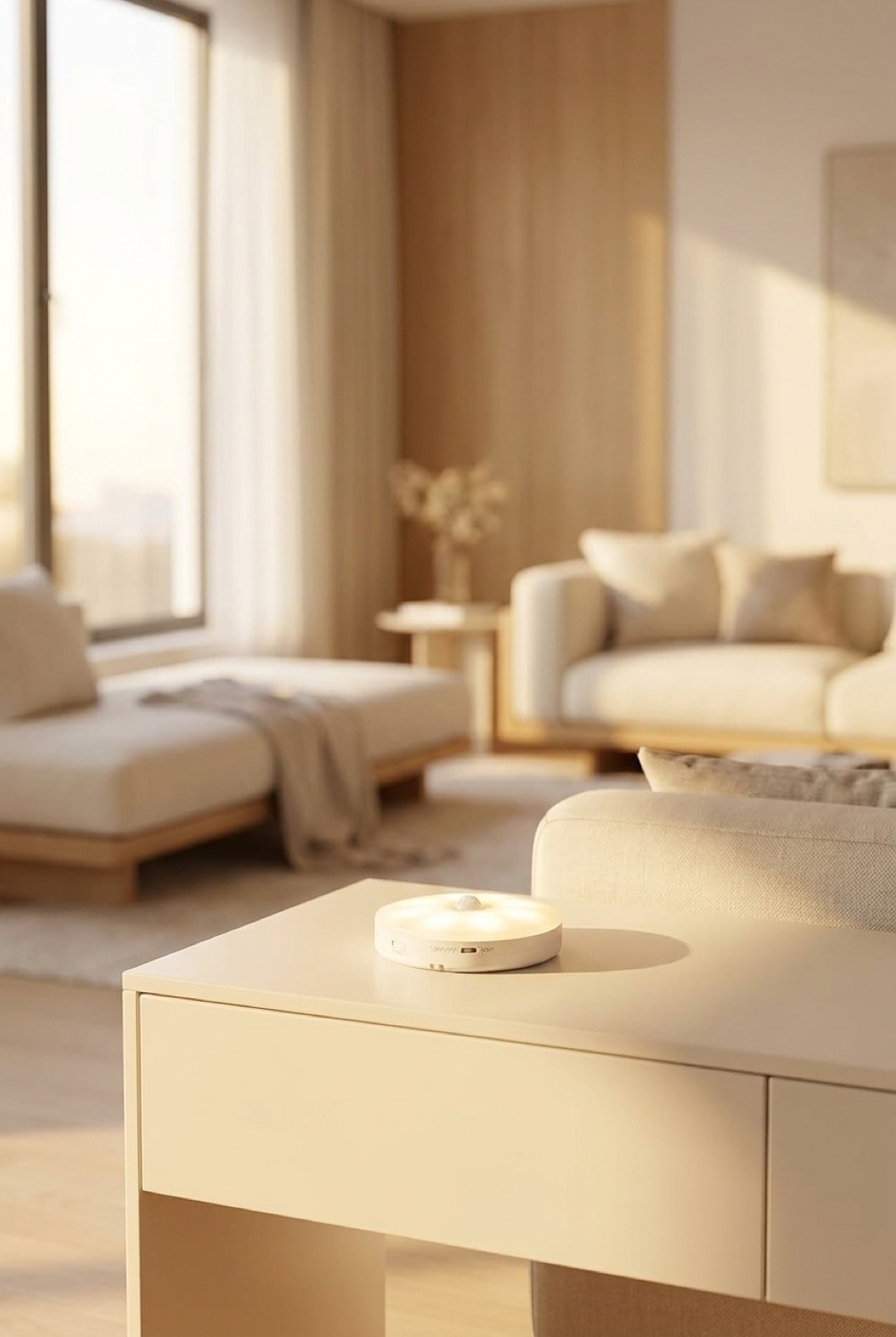 motion sensor puck lights on a clean modern console in soft golden-hour light