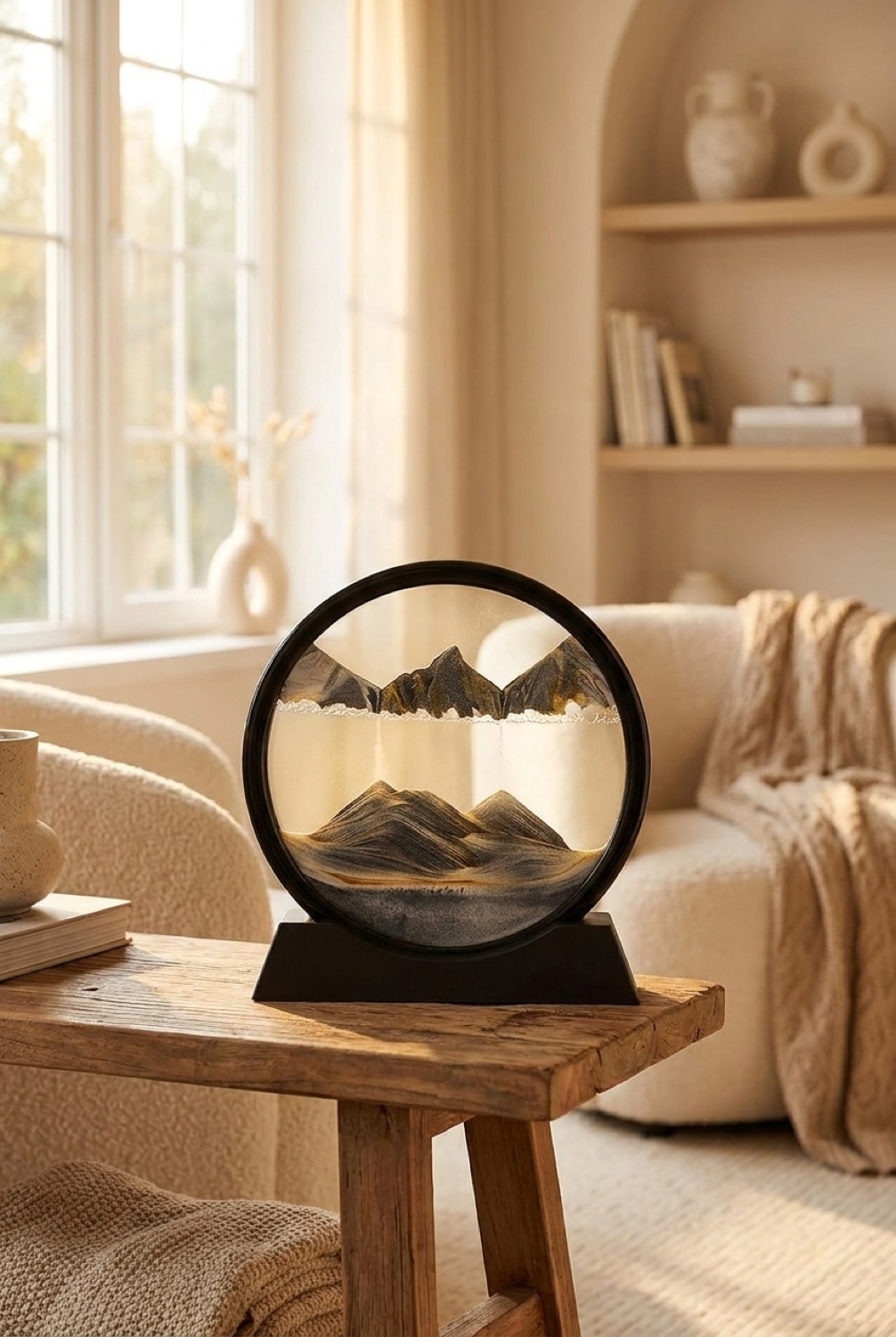 moving sand art in a warm cosy living room in soft golden-hour light
