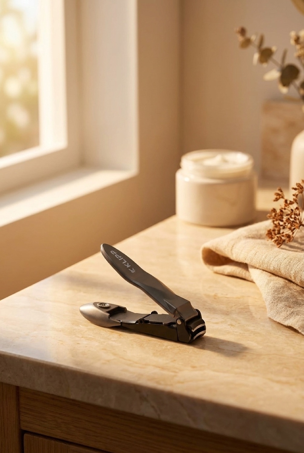 Nail Clippers Set in a calm bathroom vanity in soft golden-hour light
