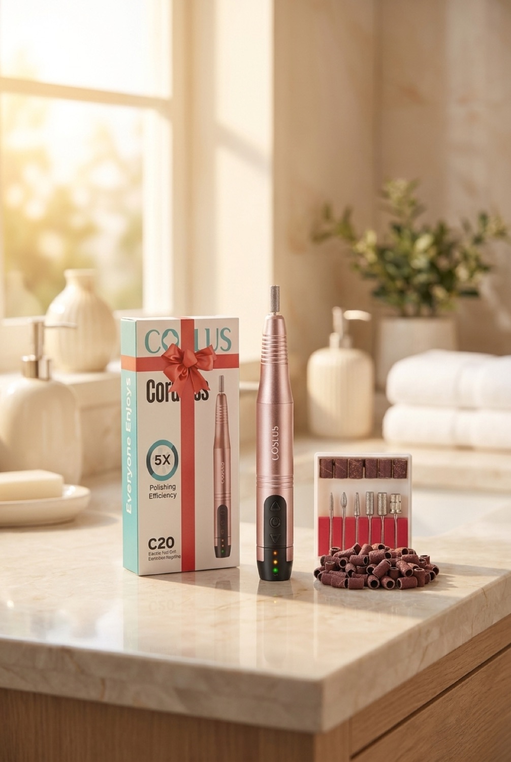 nail drill on a calm bathroom vanity in soft golden-hour light