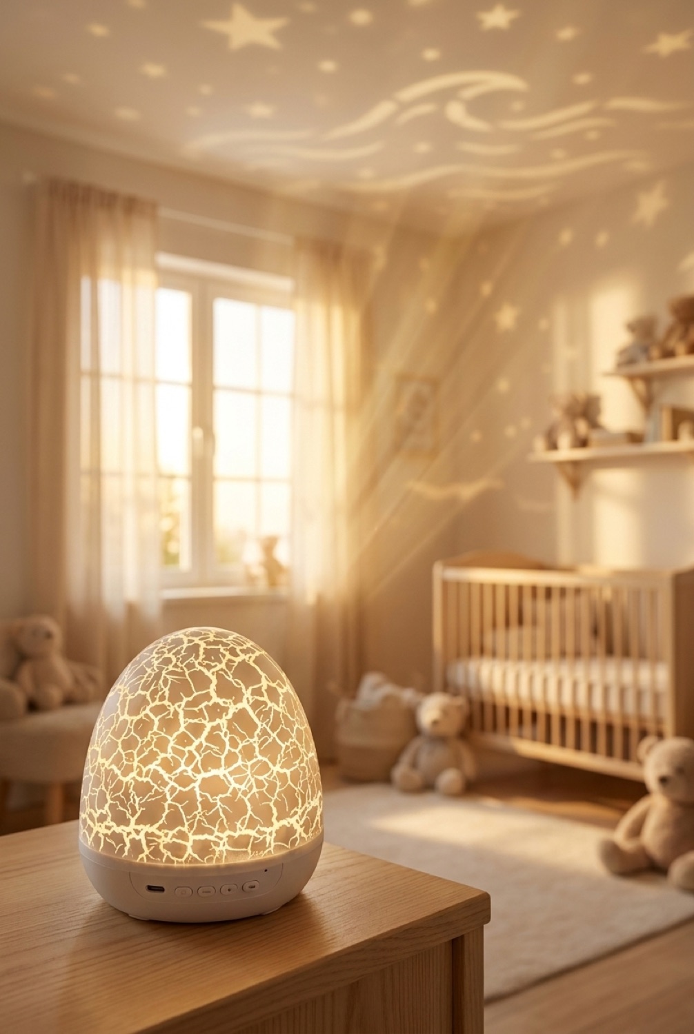 night light projector in a calm soft nursery in soft golden-hour light