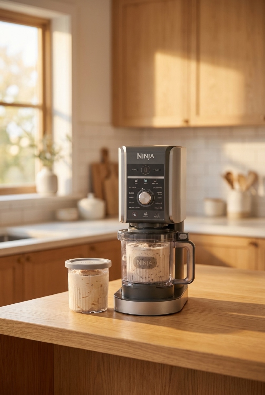 Ninja CREAMi on a warm oak kitchen counter in soft golden-hour light