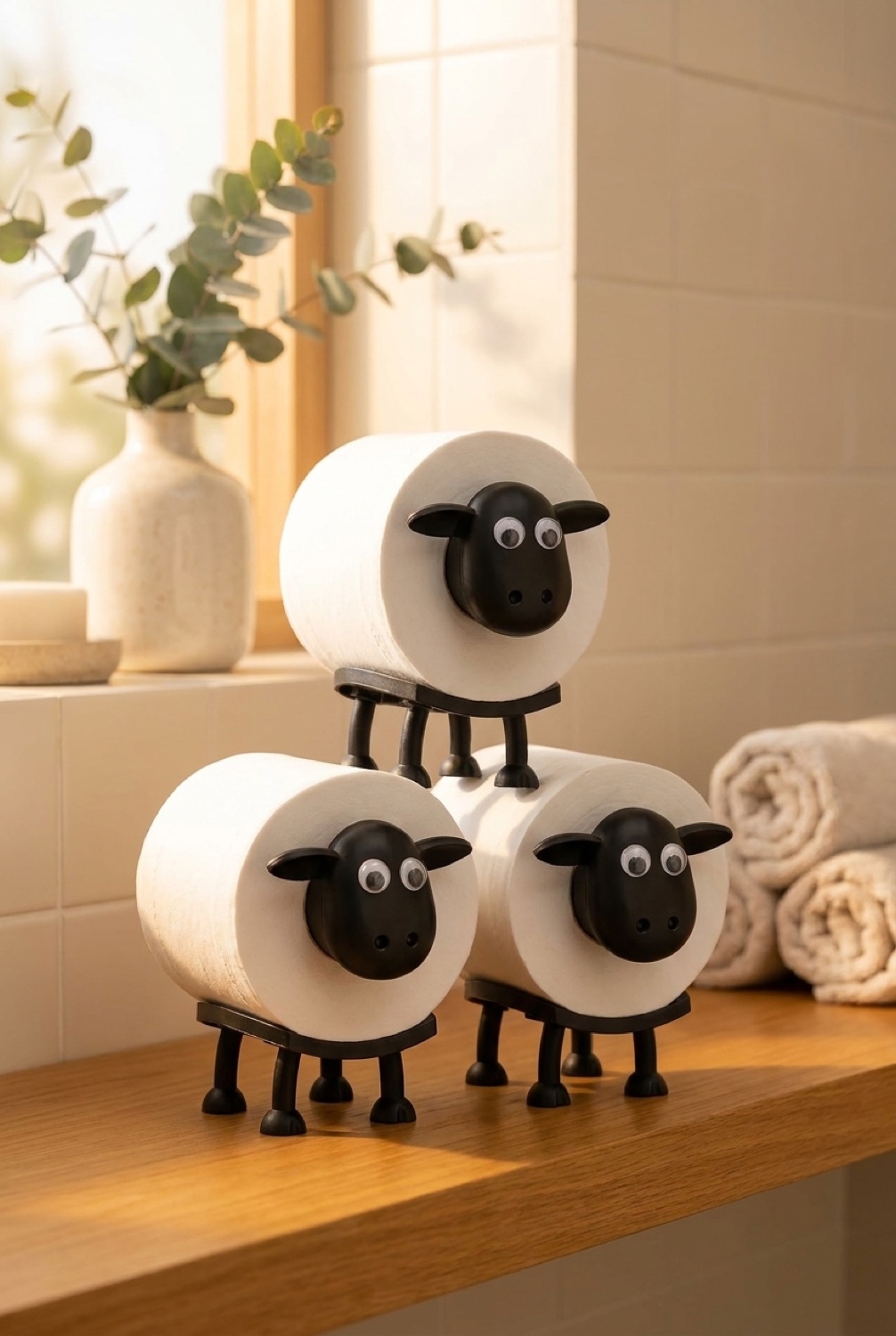 Novelty Toilet Roll Holder in a serene minimalist bathroom in soft golden-hour light