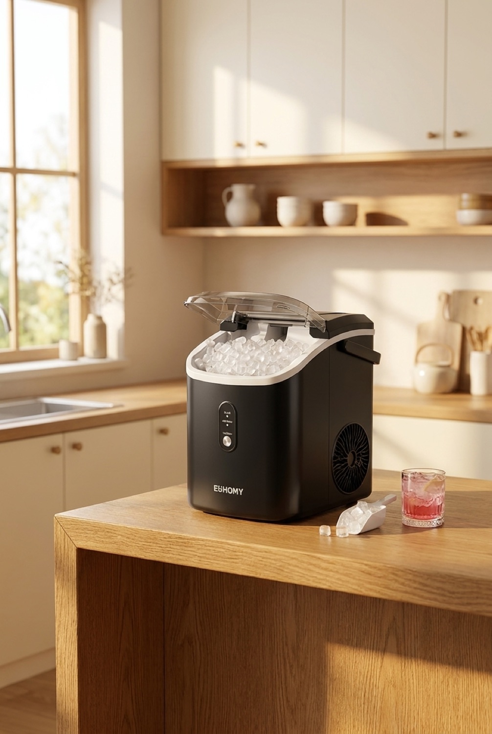 nugget ice maker on a warm oak kitchen counter in soft golden-hour light