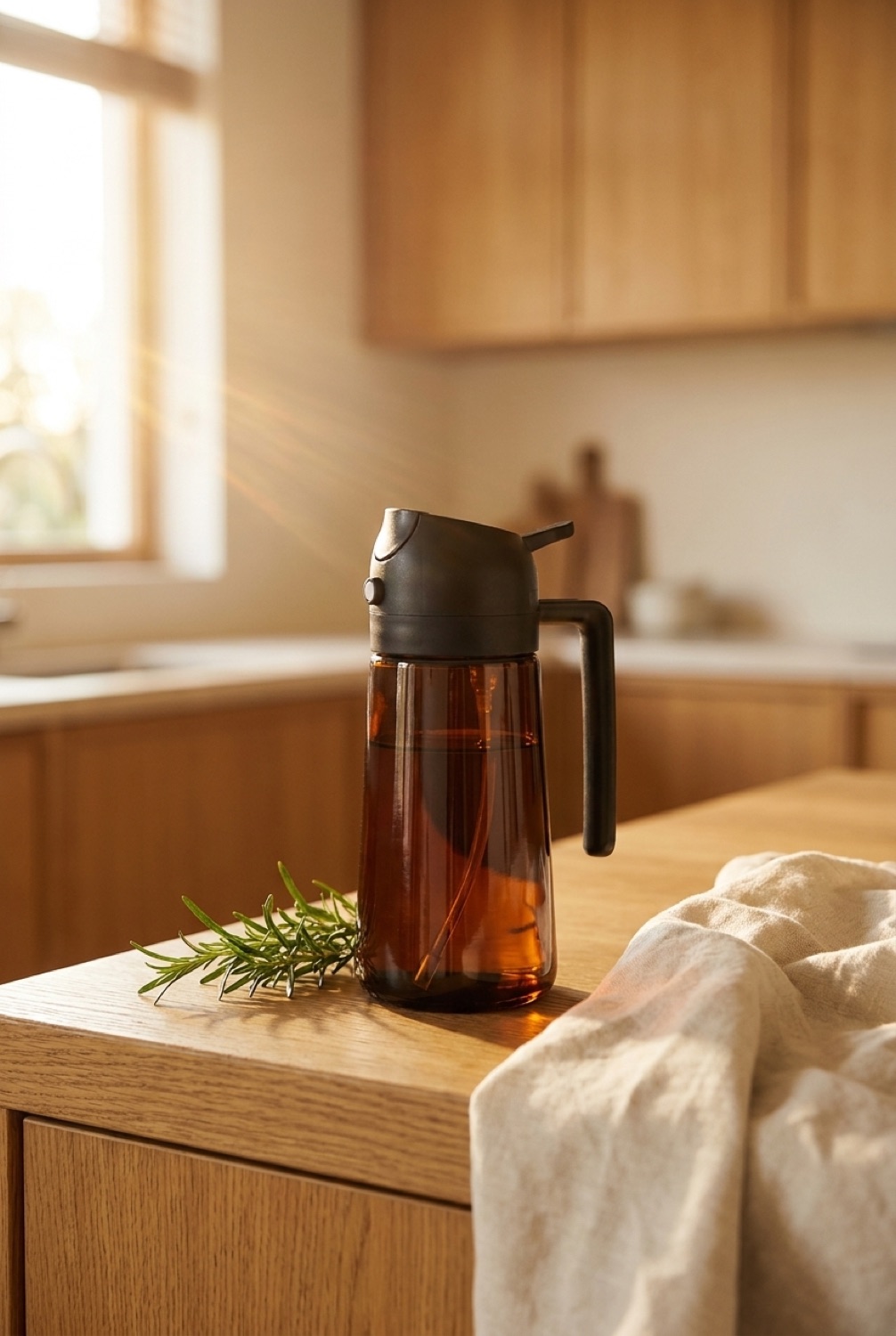 Amber glass olive oil sprayer on a warm oak counter in soft golden-hour light