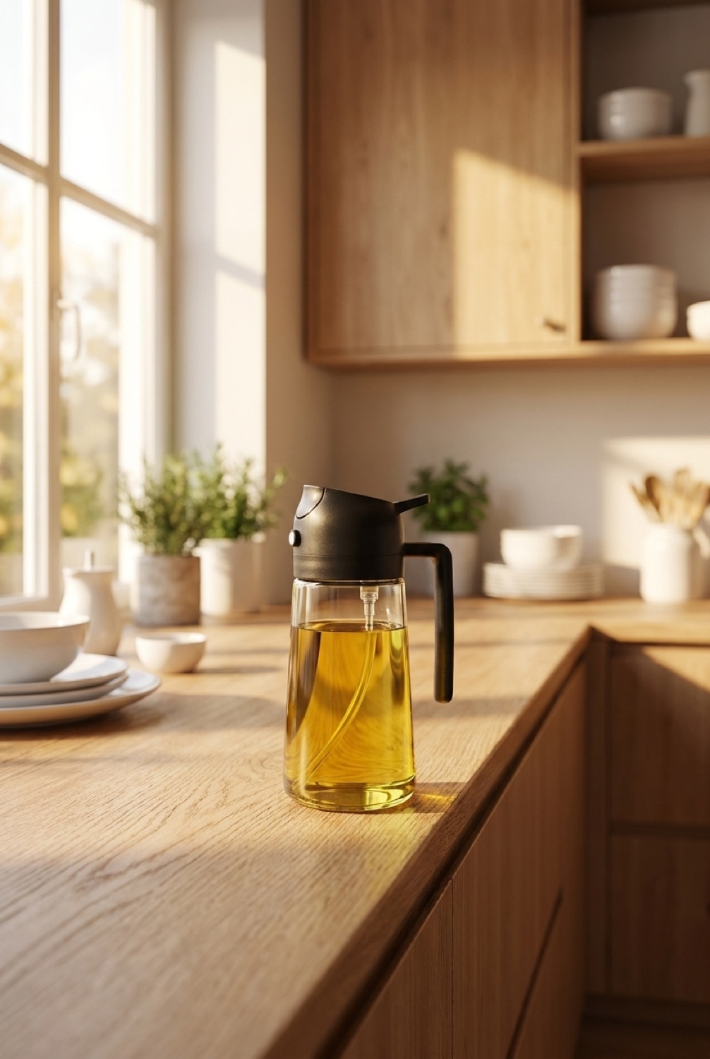 olive oil sprayer mister on a warm oak kitchen counter in soft golden-hour light