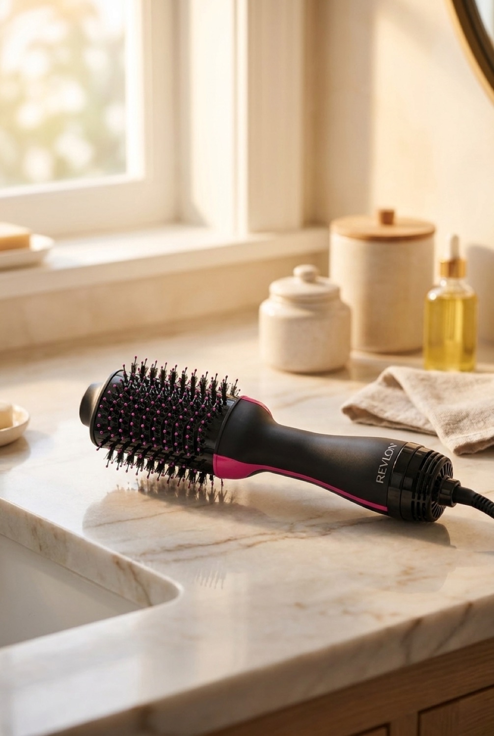 One-Step Volumizer Brush in a calm bathroom vanity in soft golden-hour light