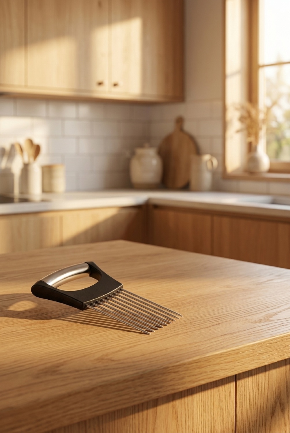 onion holder on a warm oak kitchen counter in soft golden-hour light