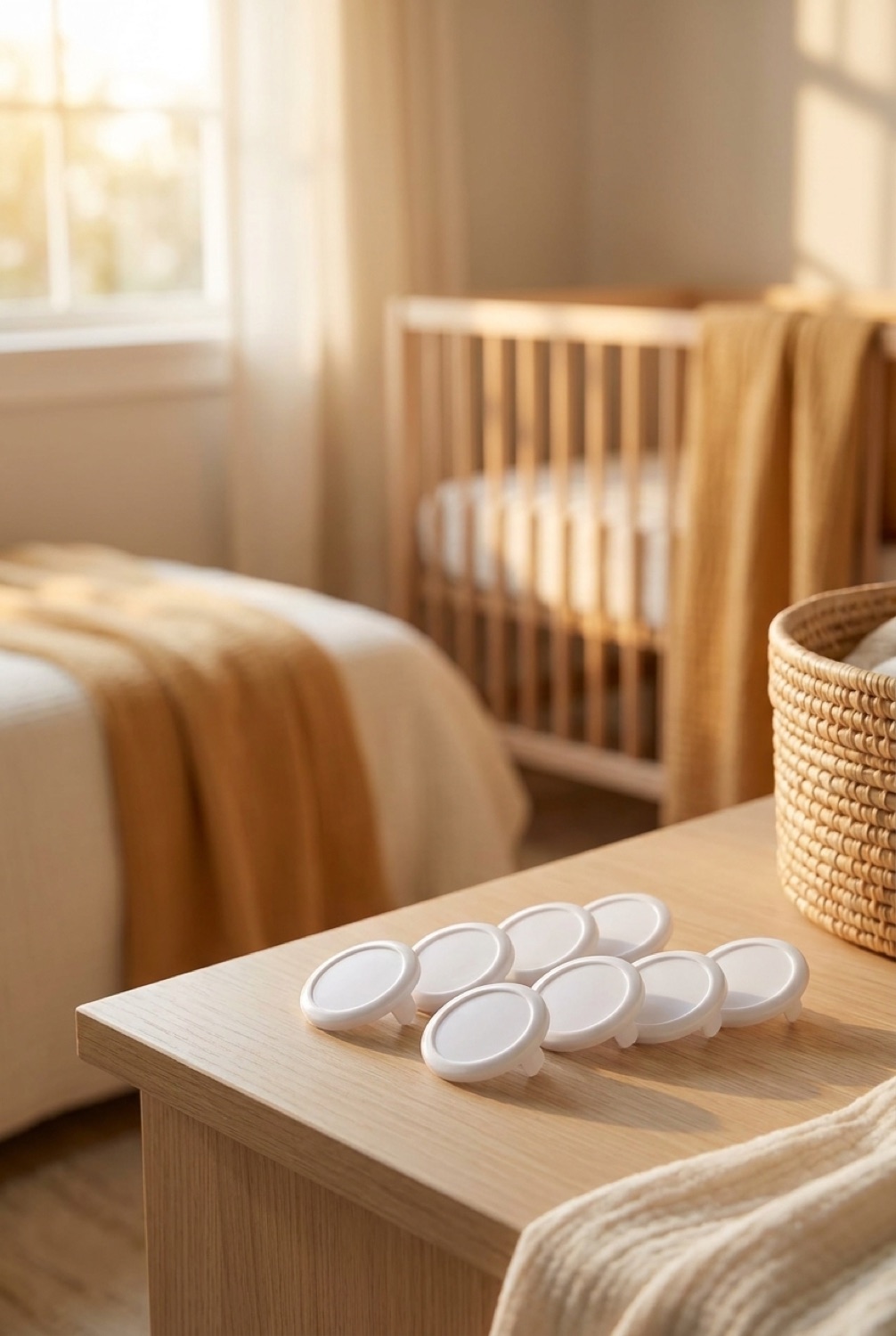 outlet covers in a calm soft nursery in soft golden-hour light