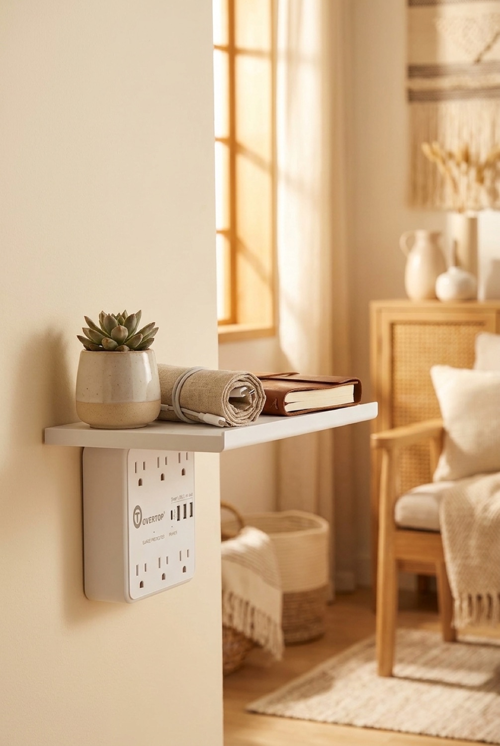 outlet shelf neatly arranged in a tidy space in soft golden-hour light