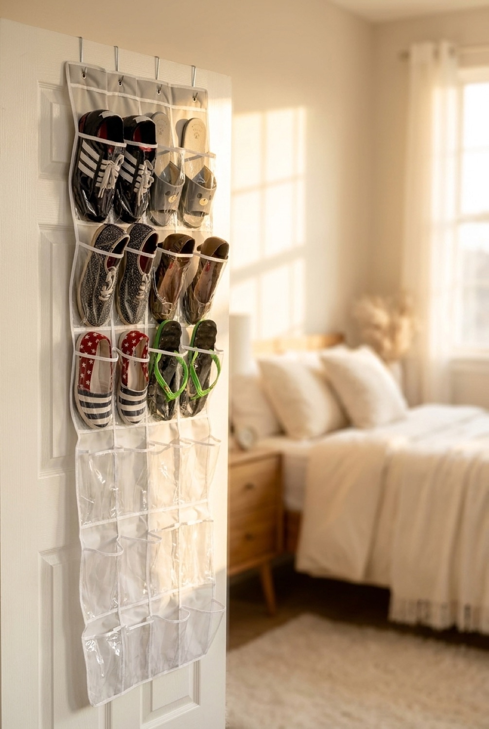 over-door shoe organizer neatly arranged in a tidy space in soft golden-hour light