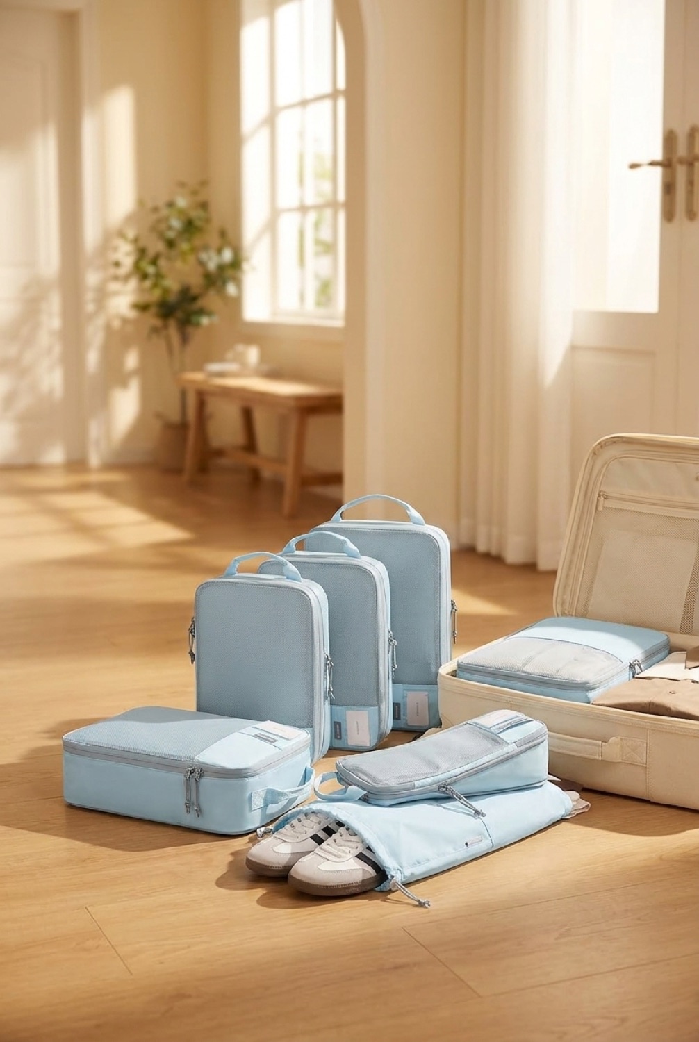 packing cubes beside a packed bag in a bright entryway in soft golden-hour light