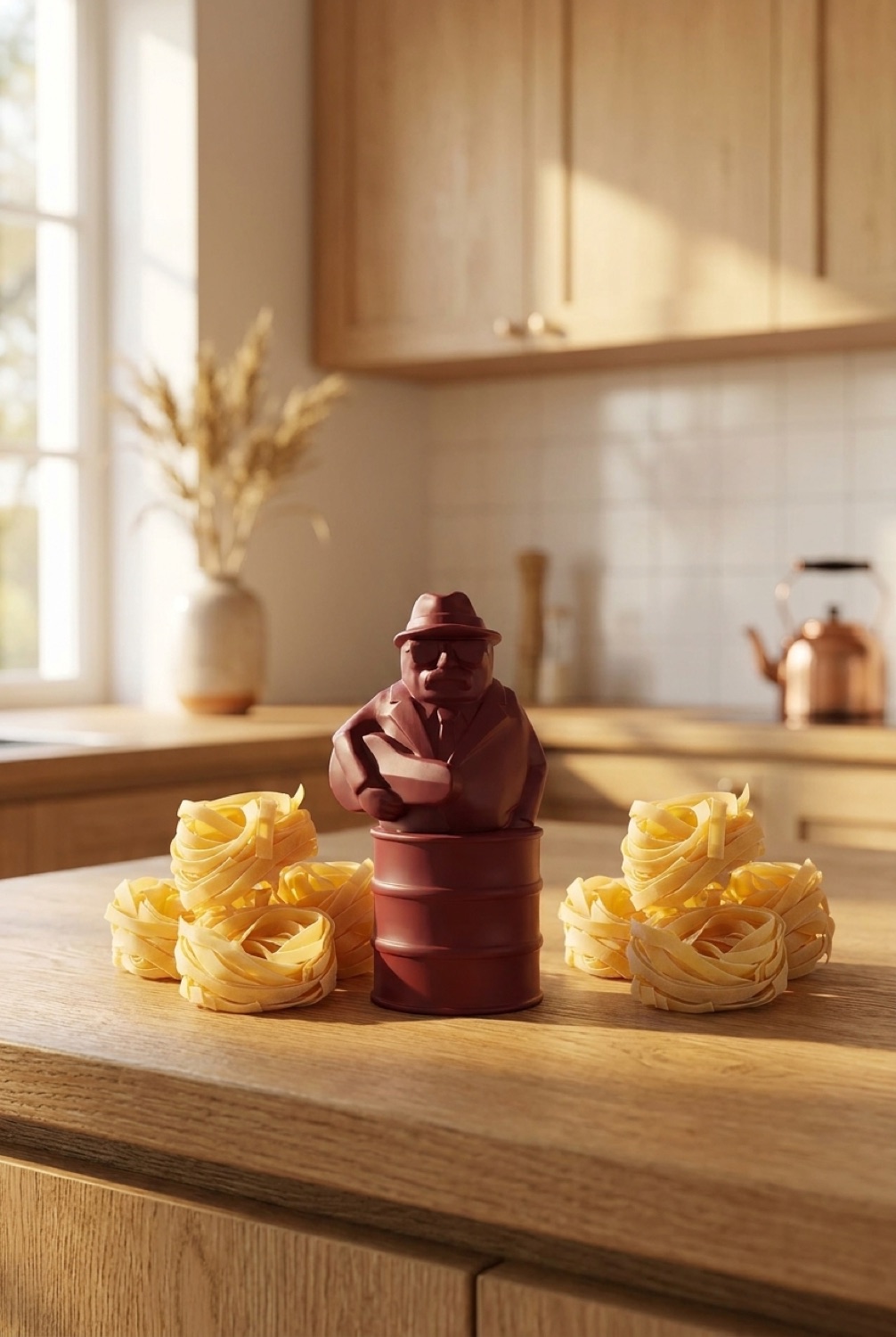 pasta timer on a warm oak kitchen counter in soft golden-hour light