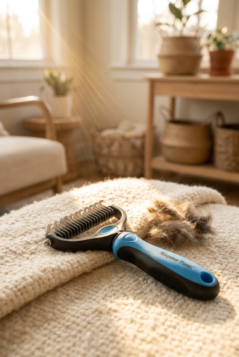 Pet Deshedding Rake in a calm home in soft golden-hour light
