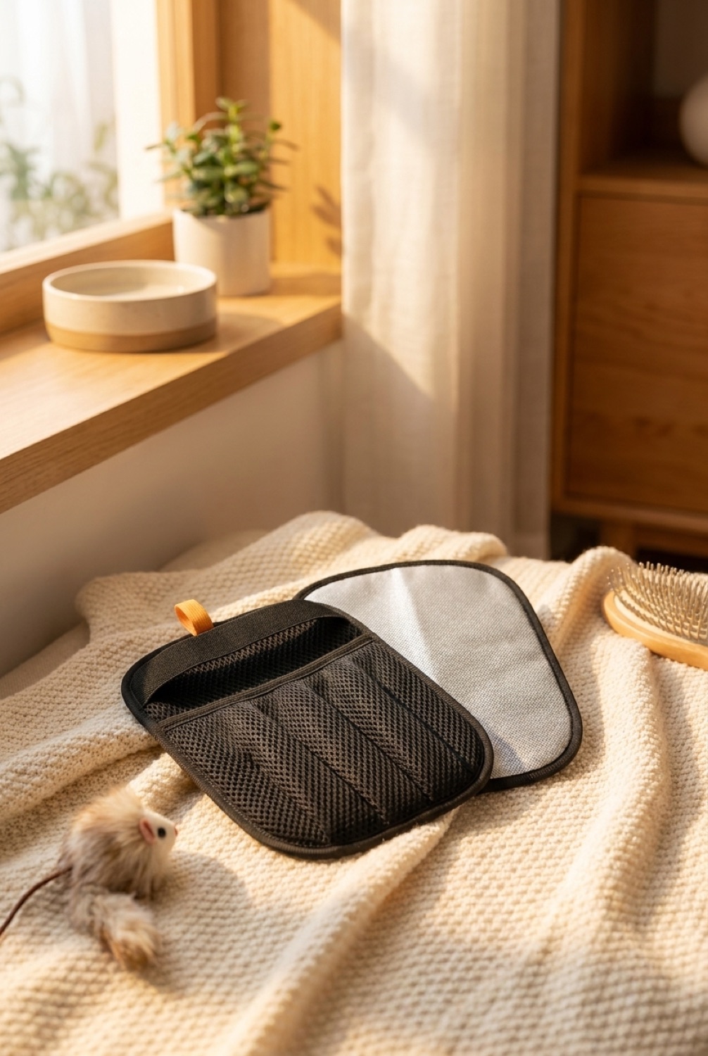 pet hair removal glove in a cosy home pet corner in soft golden-hour light