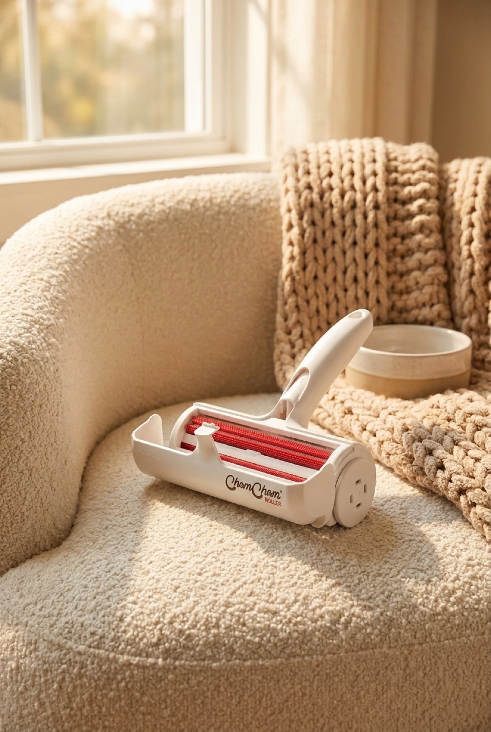 pet hair remover roller in a cosy home pet corner in soft golden-hour light
