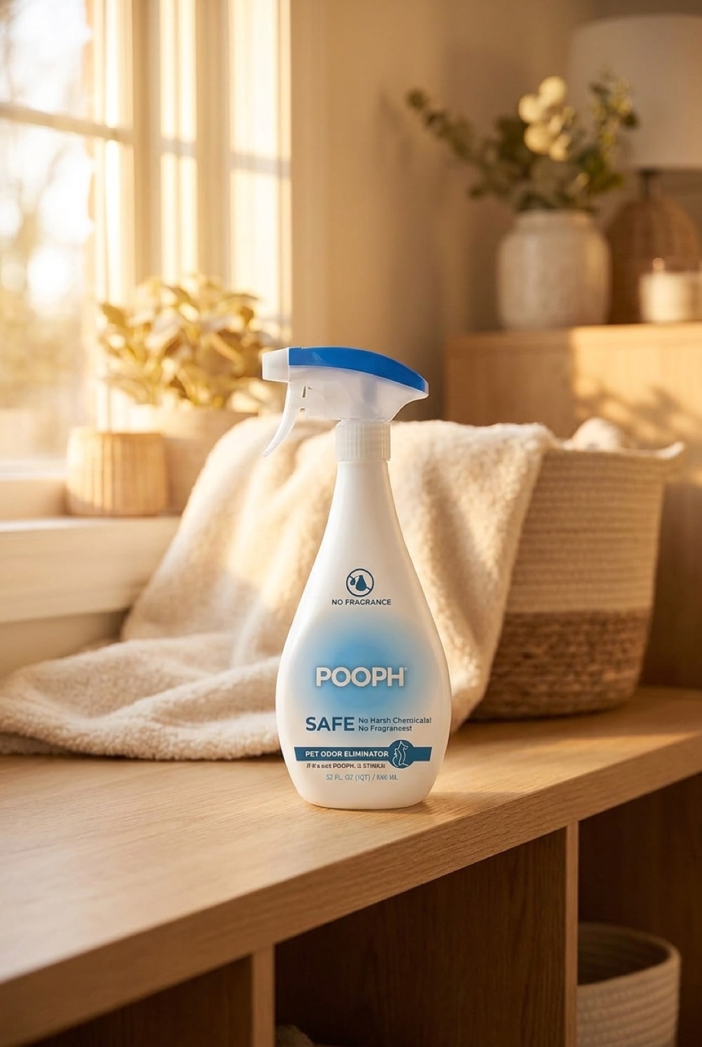 pet odor spray in a cosy home pet corner in soft golden-hour light