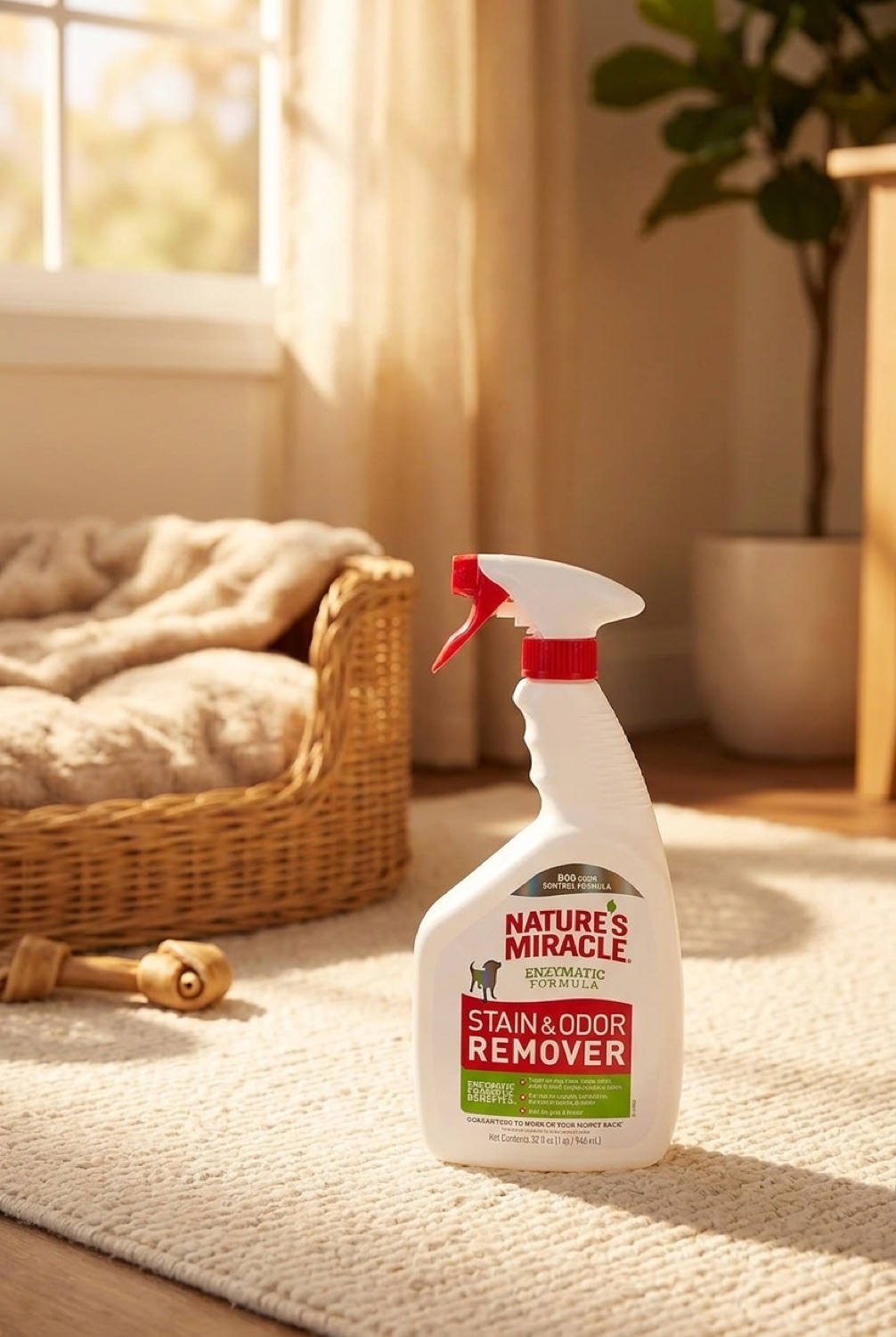 pet stain remover in a cosy home pet corner in soft golden-hour light