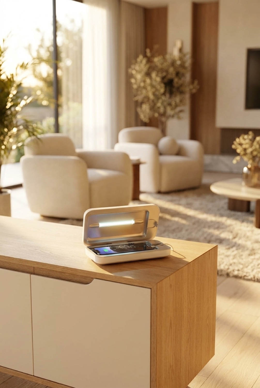 phone sanitizer on a clean modern console in soft golden-hour light