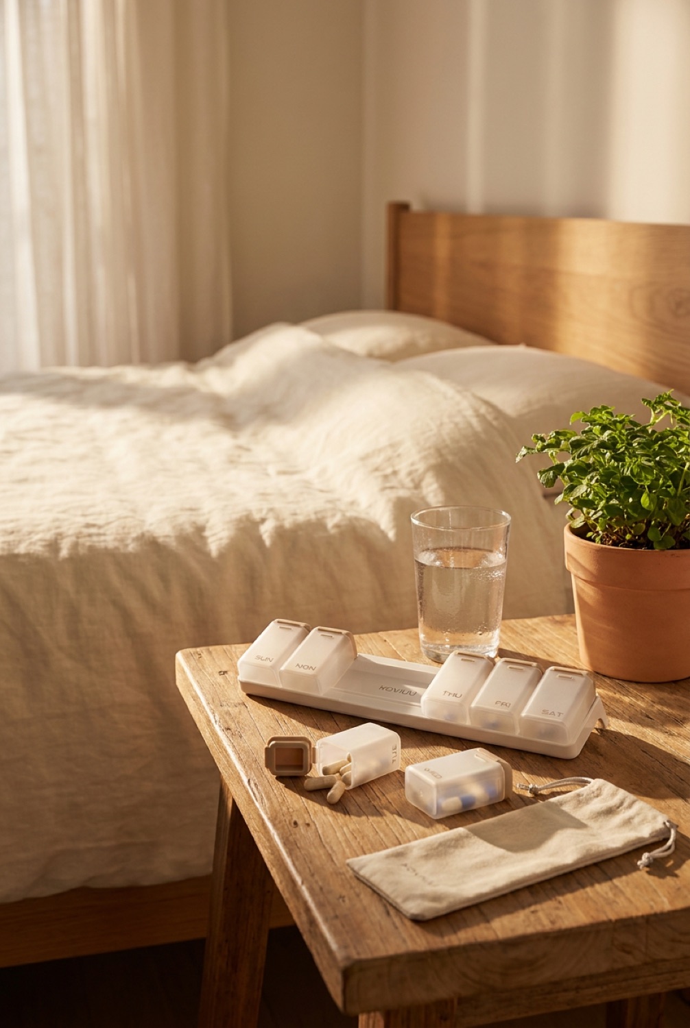 Weekly pill organizer on a serene bedside table beside a glass of water and a plant