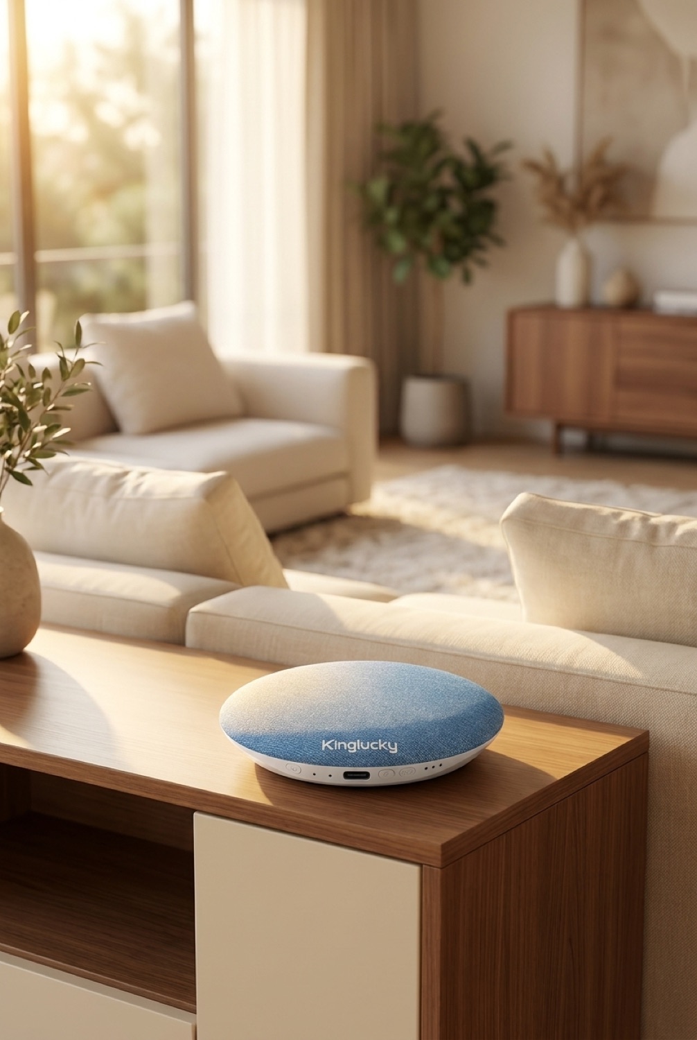 pillow speaker on a clean modern console in soft golden-hour light