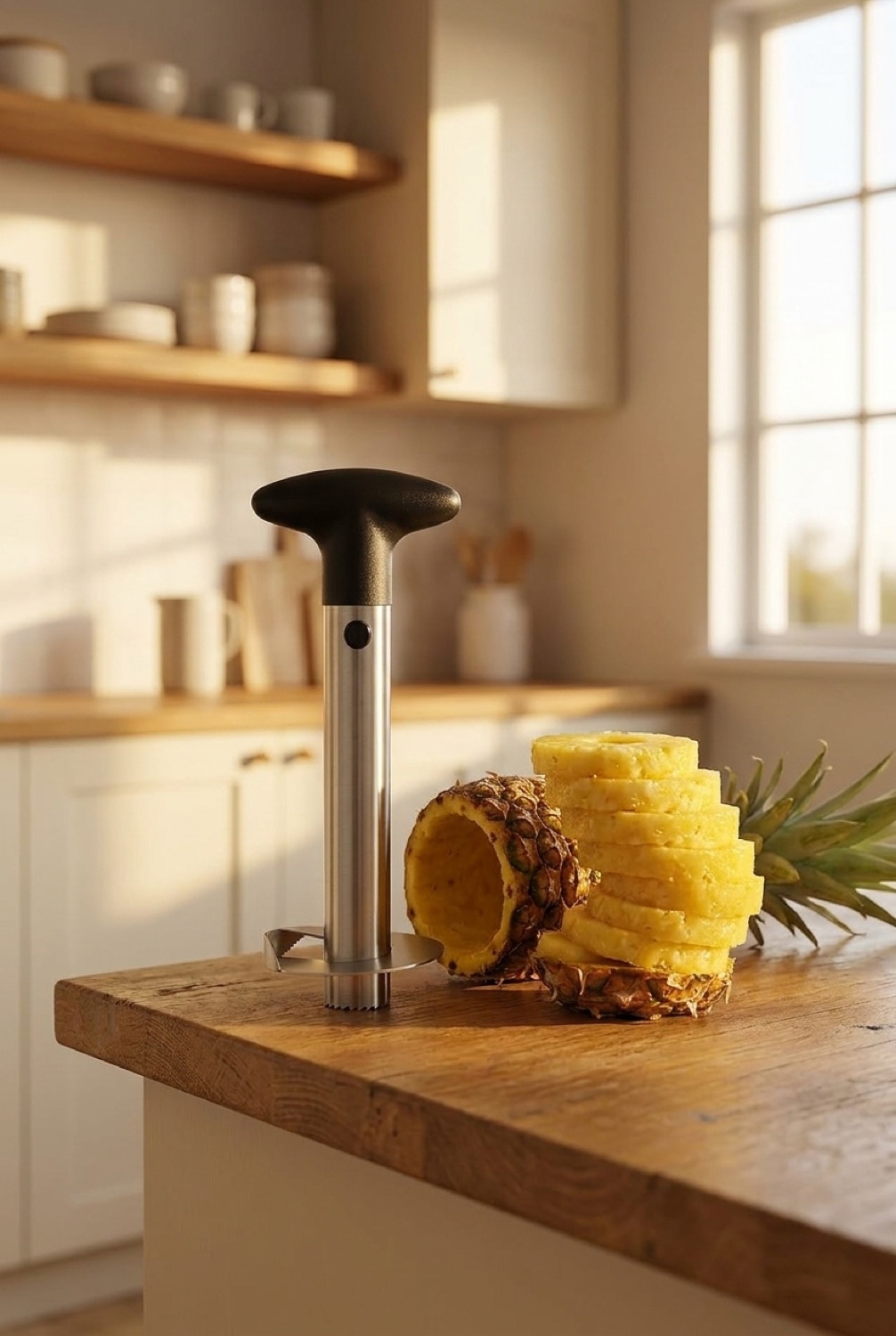 pineapple corer on a warm oak kitchen counter in soft golden-hour light