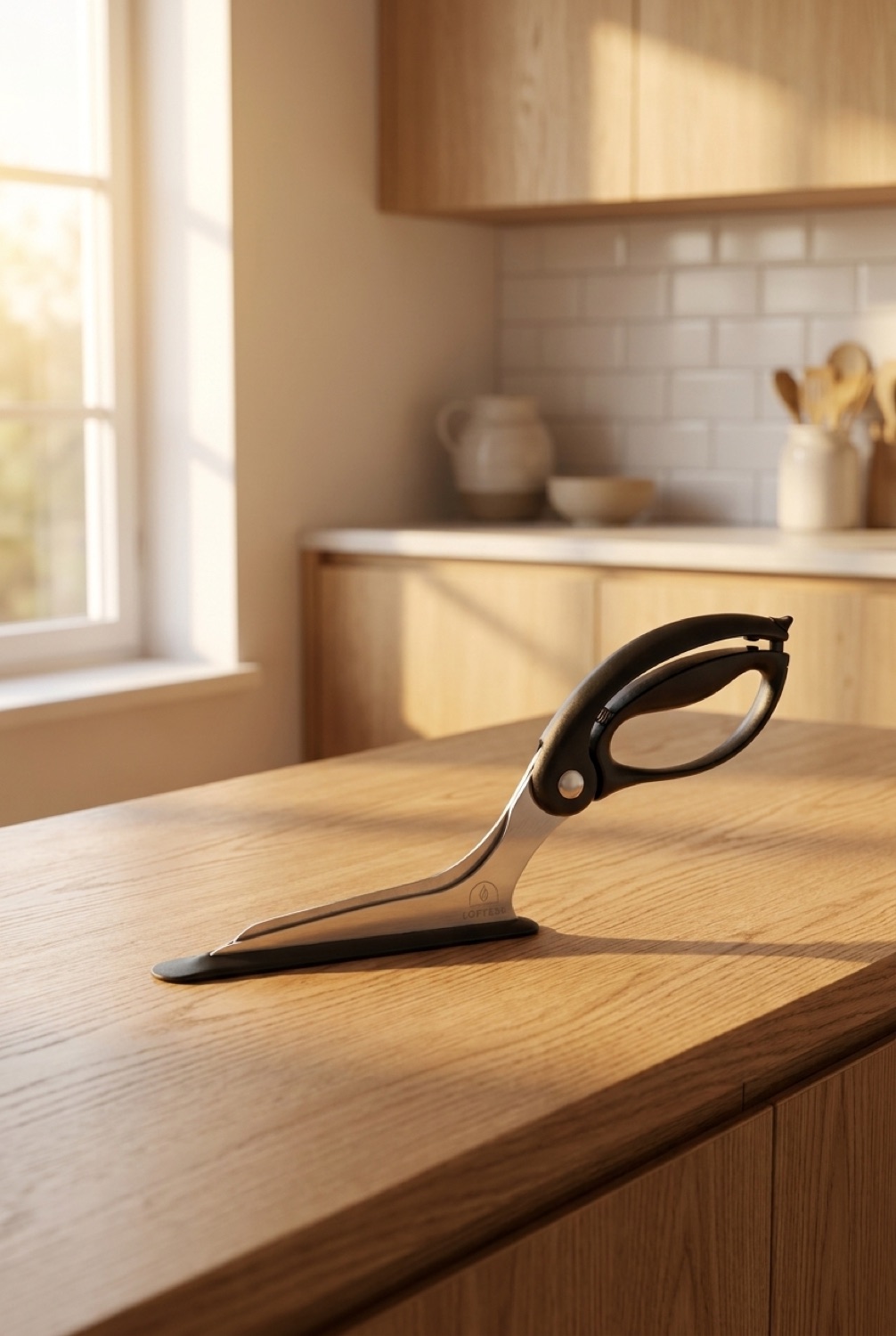 pizza scissors on a warm oak kitchen counter in soft golden-hour light