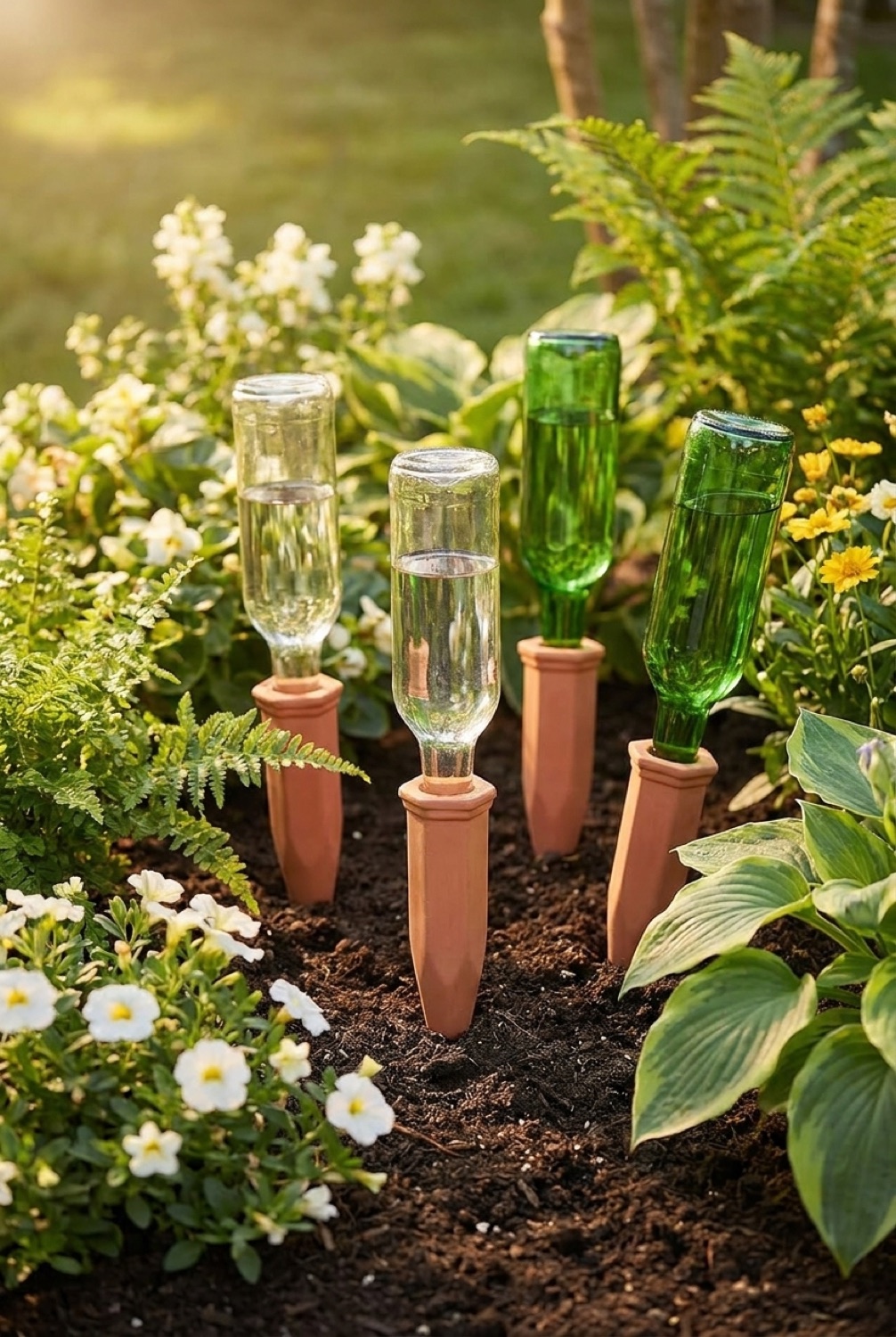 plant watering spikes in soft golden-hour light