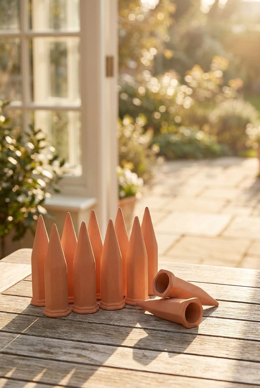 plant watering spikes on a sunny garden patio in soft golden-hour light