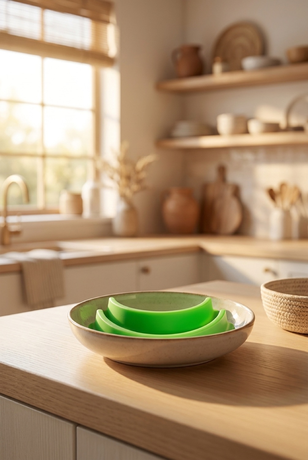 plate divider neatly arranged in a tidy space in soft golden-hour light