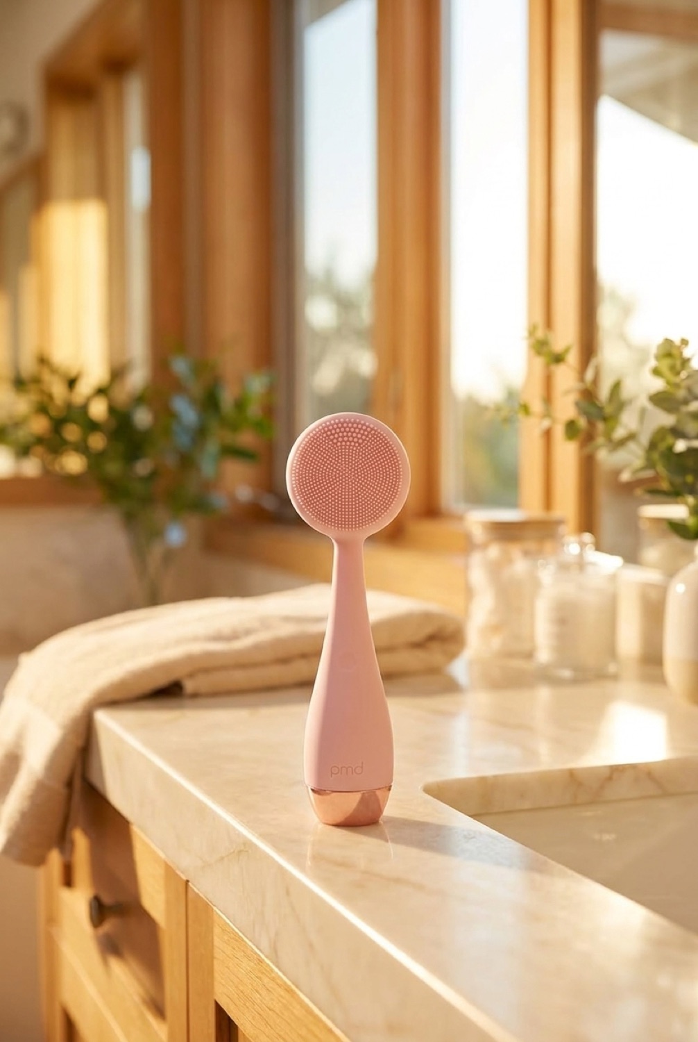 PMD Clean Pro on a calm bathroom vanity in soft golden-hour light